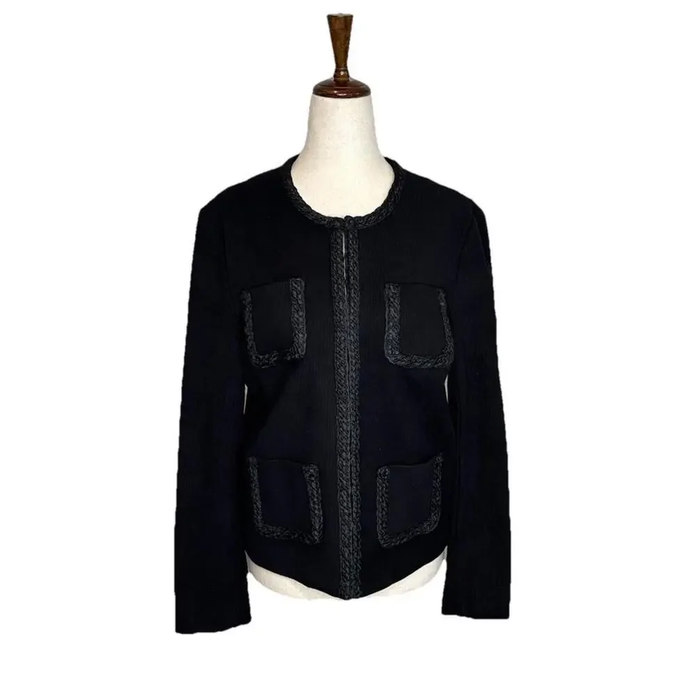 J McLaughlin Fanning Jacket Small Black Braided Trim Pockets Old Money Classic - Picture 2 of 10
